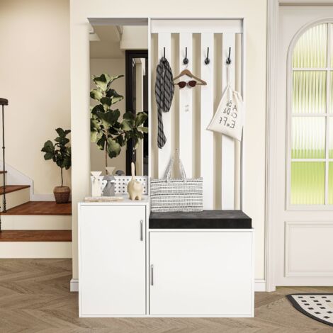 Mueble de entrada - 100 x 40 x 180 cm - con banco tapizado, espejo y zapatero - estilo moderno - blanco