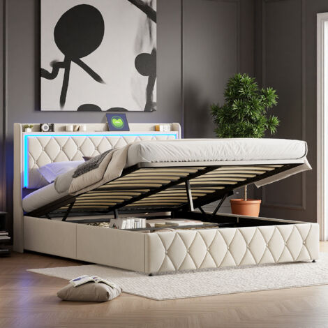 Cama 140 x 190 cm - Terciopelo beige - USB y LED - Escandinava - Fácil de montar - Estructura de cama 140 x 190 cm (1/5)