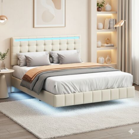 Cama doble 140x200 cm - cama flotante para adultos con LED - cama tapizada en lino - cama 140x200 cm con somier de láminas - estructura de cama - beige (1/5)