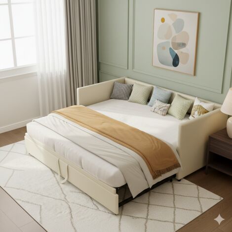 Cama nido de 90 x 200 a 180 x 200 cm - Sofá cama extensible de 90 x 200 a 180 x 200 cm - Somier incluido - Beige - Ideal para ahorrar espacio