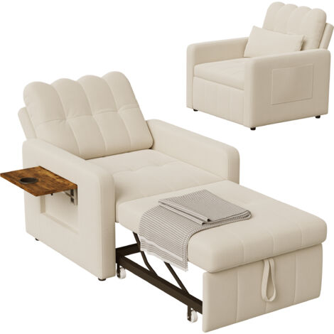 Sillón con función extensible en cama, 108 x 85 x 86 cm, bandeja lateral y bolsa, respaldo ajustable, beige