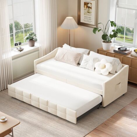 Cama nido 90x200 cm, sofá cama, cama supletoria con almacenamiento para mando a distancia, en terciopelo crema