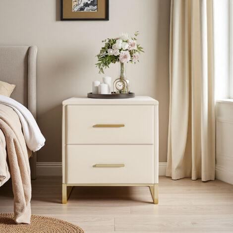 Mesita de noche - Lote de 2 - 40 x 40 x 50 cm - 2 cajones - Mueble de dormitorio - Tejido de terciopelo - Beige