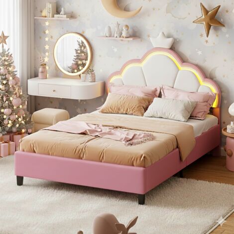 Cama individual 90 x 200 cm de terciopelo con cabecero LED y somier incluidos - Soporta 150 kg - Rosa (1/5)
