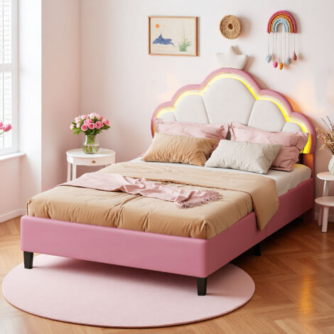 Cama infantil 140 x 200 cm - Rosa y blanco - Tejido de terciopelo - Corona LED - Estructura de cama Princess 140 x 200 cm (1/5)