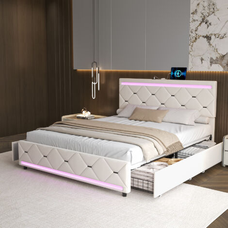 Cama 140 x 200 cm - LED - USB - tejido de terciopelo - estructura de cama doble 140 x 200 cm - blanco roto (1/4)
