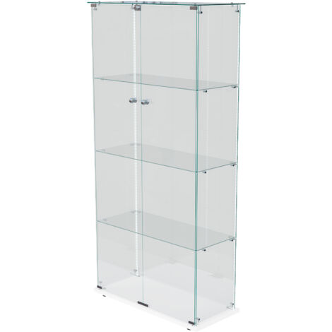 Vitrina de cristal con tira LED, vitrina con vista panorámica de 360° para exponer objetos, 78,5 x 35 x 163 cm, blanco
