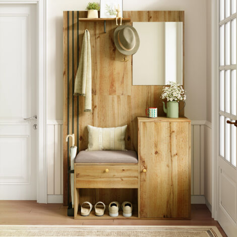 Mueble de entrada con armario, ganchos, espejo y cojín, -  Mueble de entrada con paragüero negro - 115 x 37 x 185 cm - Blanco