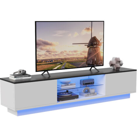 Mueble de TV moderno con iluminación LED modulable, 140 x 32 x 35 cm, 2 armarios y 2 estantes espaciosos, blanco (1/5)