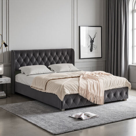 Cama 160 x 200 cm - Tejido de terciopelo - Diseño contemporáneo - Estructura de cama para adultos 160 x 200 cm - Gris oscuro (1/5)