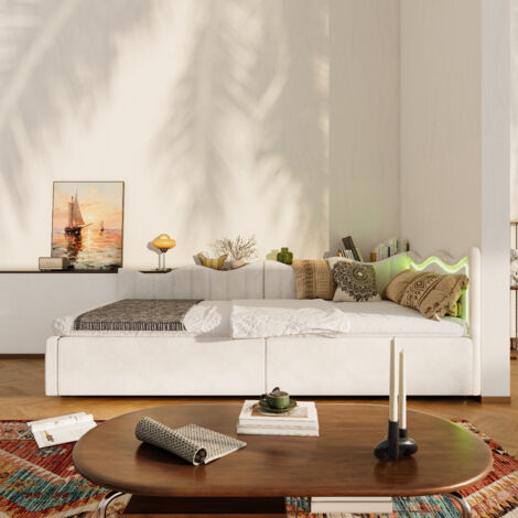 Cama con canapé 90 x 200 cm, cama infantil con cabecero acolchado, LED, somier de láminas, terciopelo, blanco roto