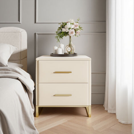 Lote de 2 mesitas de noche - 40 x 40 x 50 cm - 2 cajones y patas de metal - Mueble de dormitorio - tejido de terciopelo - beige