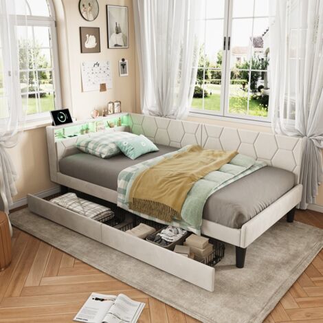 Cama 90 x 200 cm - con 2 cajones de almacenamiento - Cama individual 90 x 200 con LED RGB USB tipo C - Estructura de cama 90 x 200 terciopelo beige (1/5)