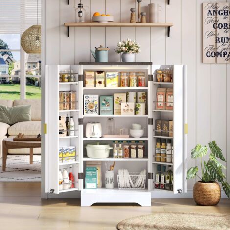 Aparador de cocina 60,5 x 40 x 120 cm - Armario de almacenamiento con iluminación LED con sensor y estantes ajustables - blanco europeo