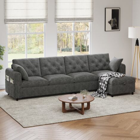 Sofá esquinero de 4-5 plazas - 281 x 86 x 71 cm - con reposabrazos laterales con bolsillos para revistas - terciopelo gris