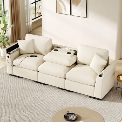 Sofá de 3 plazas - 242 x 80 x 88 cm - con cojines, mesita plegable con puerto USB, portavasos y espacio - en chenilla beige