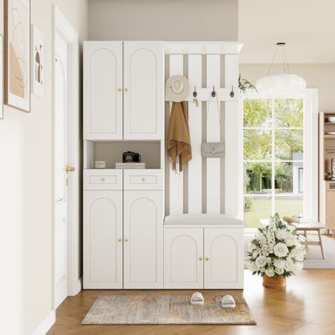 Mueble de entrada 110 x 80 x 37 cm - con banco para zapatos y estante, 4 ganchos, 6 puertas, 2 cajones - blanco