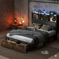 Cama de 140 x 200 cm - Cama doble y somier metálico - Cabecero acolchado de PU con estación de carga - 2 cajones - Industrial - Marrón