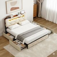 Cama de 140 x 200 cm - Cama doble con 4 cajones, cabecero con almacenamiento LED RGB, estación de carga (2 USB + tipo C) - terciopelo beige