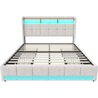 Cama 160 x 200 cm y somier - Estructura de cama 140 x 200 cm con 4 cajones - cabecero con espacio de almacenamiento - LED + tipo C + USB - lino - Beige
