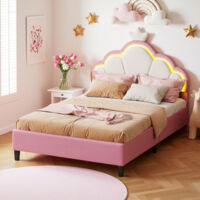 Estructura de cama para niños 140 x 200 cm - Rosa y blanco - Tejido de terciopelo - Diseño contemporáneo - Cama Princesse