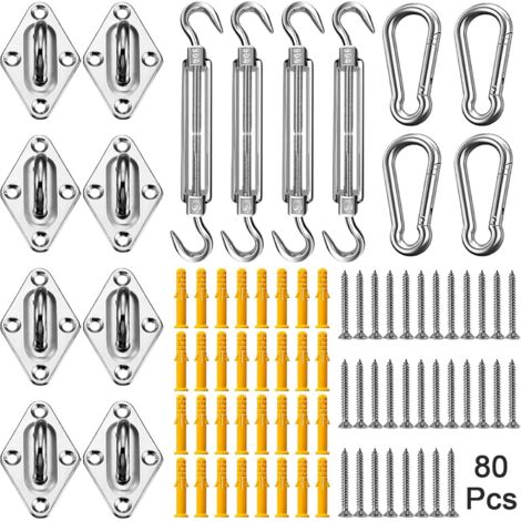 Kit de Fixation Voile d'Ombrage pour Patio 80 Pièces, Acier Inoxydable 304 Kit Accessoires de Fixation Attache Toile ombrage Installation, avec 4 x M6 Tendeur Réglage (1/5)