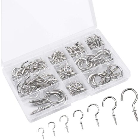 120 Pièces Crochets à Visser, Taille Mixte Plafond Vis Crochet Métal Nickelé, Crochets Cintres à Vis pour Tasses Plante Muraux Usage D'intérieur et de Plein Air, 7 Tailles (Argent) (1/5)