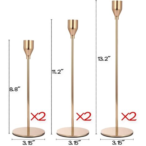 Lot De 6 Bougeoirs Dorés Coniques - Hauteurs 33/29/23cm, Métal Galvanisé, Fond Antidérapant, Pour Mariage, Dîner
