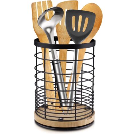 APEX Porte-ustensiles de cuisine rotatif à 360° en métal noir, 13,5 x 18,6 cm, adapté aux cuillères et fourchettes.
