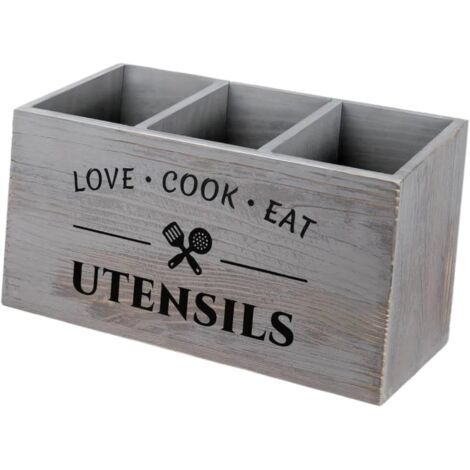 APEX Porte-ustensiles de cuisine de style rétro, porte-couverts en bois, peut contenir spatules, fourchettes, cuillères, gris. (1/5)
