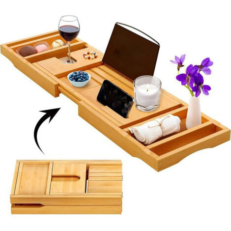 Plateau De Bain En Bambou Harcas Extensible - Porte IPad, Verre à Vin Et Accessoires Pour Un Bain Relaxant