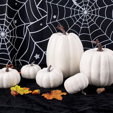 Lot 7 Citrouilles Artificielles Halloween - Décoration Automne, Table, Mousse, Peignables, Différentes Tailles - 6