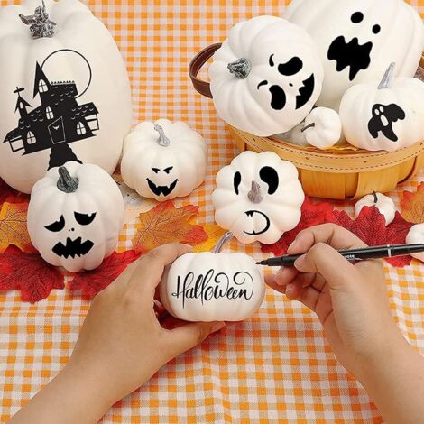 Lot 7 Citrouilles Artificielles Halloween - Décoration Automne, Table, Mousse, Peignables, Différentes Tailles - 8