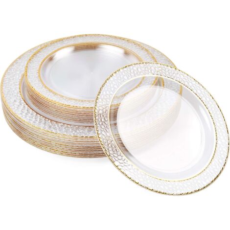 APEX 40 Assiettes en Plastique Rigide Premium avec Bord Doré (2 Tailles) - Assiettes Dorées Réutilisables en Plastique Dur