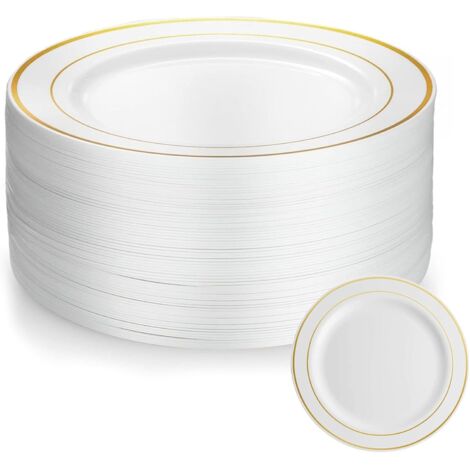 APEX 50 Pièces Assiette 20cm Assiette Plastique Reutilisable Avec Bordure Dorée Assiettes en Plastique Blanc Assiettes pour Mariages