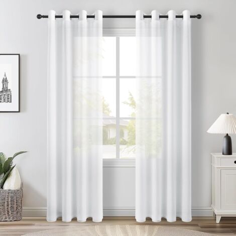 APEX 2 Pièces Rideau Voilage Blanc 140x240cm Rideaux Voilages Salon Fenetre Intérieurs Effet Lin Transparent d'Oeillets Panneaux