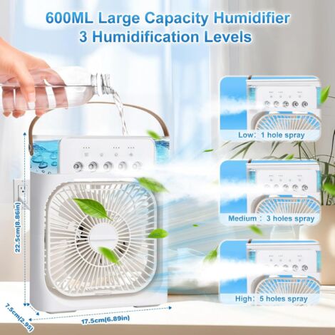 Mini climatiseur portable avec batterie 1200 mAh, réservoir d'eau de 600 ml, ventilateur et veilleuse 7 couleurs, 3 modes de brumisation, rechargeable