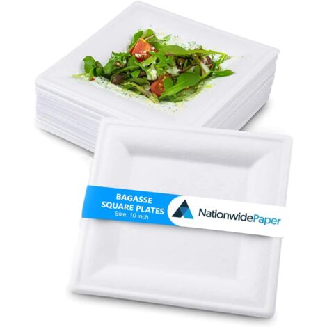 APEX Assiettes carrées en papier biodégradable de 25 cm, assiettes jetables blanches en bagasse, assiettes résistantes (100 pièces)