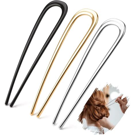 APEX Lot de 3 épingles à cheveux françaises en métal de 14 cm, style chignon, avec fourche en forme de U, finitions or, argent et noir. (1/5)