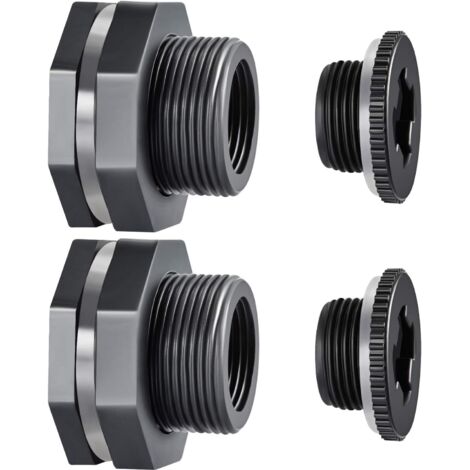 APEX 2 Pieces PVC Bulkhead Fitting with Plugs for Rain Barrels, Aquariums, Water Tanks, Tubs, Pools Dark Grey (1/5)