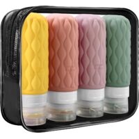 APEX 4 Pack Travel Bottles for Toiletries with , 100 ml Silicone Travel Bottles Set with Clear Zipper Toiletry Bag, Leakproof Refillable Squeeze Travel Size Containers for Shampoo Conditioner