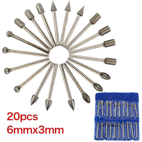 Fraises Diamant, 20Pcs Fraise Rotative Diamant (Foret/Tête/Pointe Diamantée) avec 3mm Tige pour Outil Rotatif (Meulage, Polissage, Gravure de Bricolage) (1/5)