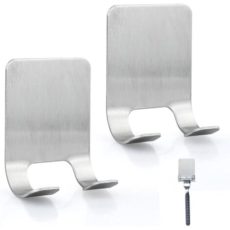 Lot de 2 supports de rasoir pour douche, argentés, sans perçage, en acier inoxydable, robustes et auto-adhésifs, adaptés à la porte, au mur, à la salle de bain et à la cuisine. (1/2)