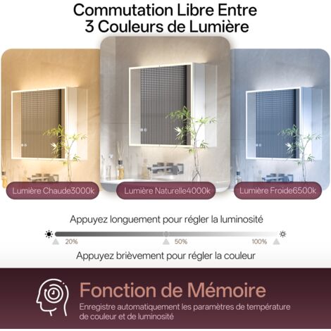 AquaWise Miroir Salle De Bain LED 120x70cm Éclairage Intégré 3 Couleur Réglable Antibuée Gradateur Mémoire Verre Trempé 5 Mm - Maison
