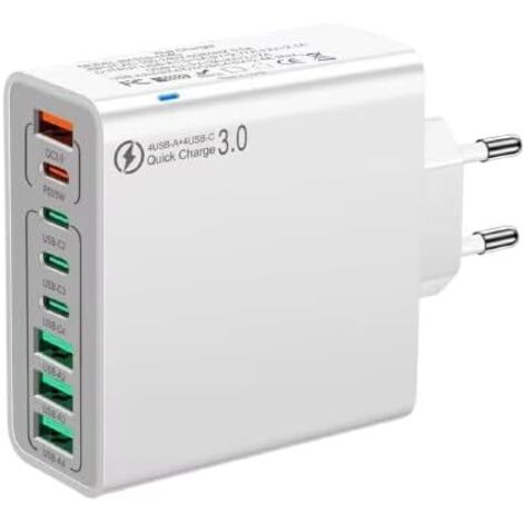 120W Chargeur USB C, Chargeur Rapide 3.0 avec 4 USB-A + 4 USB-C, 8 Ports Prise Multiple, 65W Adaptateur Chargeur Compatible avec MacBook Pro/Air Laptop, iPhone, iPad Pro, Galaxy
