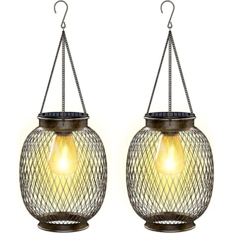 Lampe Solaire Exterieur Jardin Suspendue,IP65 Étanche Lanterne Solaire Exterieur 2 Pièces Métal Lumiere avec Ampoule LED Lampe Solaire Balcon pour Porche Cour Jardin [Classe énergétique A+++] (1/5)