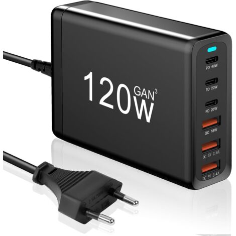Chargeur USB C Rapide 120W,Chargeur Secteur avec 3 USB C+3 USB-A, Chargeur Rapide Station de Charge Adaptateur Compatible avec MacBook Pro/Air, i-Pad, i-Phone, Galaxy, Huawei