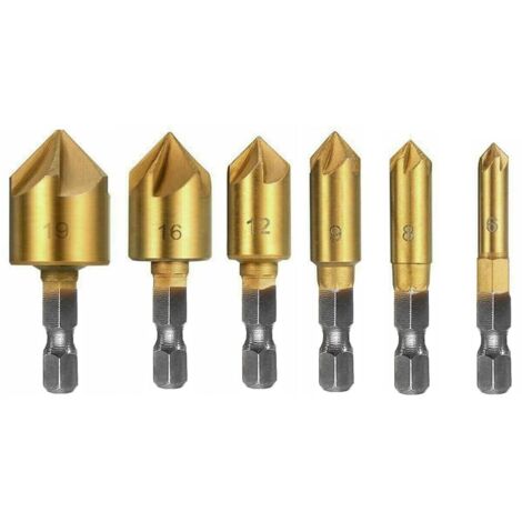 6 Pcs Forets Fraise à Chanfrein 1/4'' Tige Hexagonale 90° HSS Foret à Tête Fraisée Jeu de Forets à Chanfreiner pour Bois 6 mm – 19 mm
