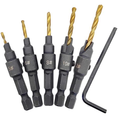 5 Pièces Fraises à Noyer, Jeu de Fraises Tige à Chanfreiner, Foret à Fraises Metal Réglable avec Une Clé Hexagonale pour Bois, Trous Pré-Percés et Fraisés en une Seule Étape