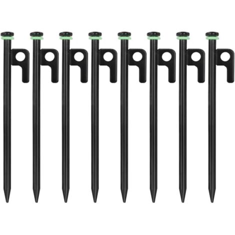 Lot de 8 piquets de tente robustes de 30 cm en acier haute résistance avec crochet et trou, piquets de sol en métal pour extérieur, randonnée, jardinage, grand sol dur rocheux (1/5)